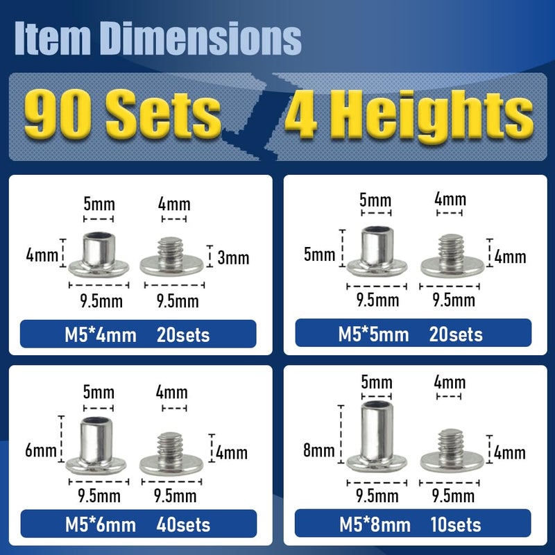 ArcNascency Store 90 Sets Silvery Chicago Screws Leather Rivets Kit, 4 Sizes (M5*4,5,6,8) & 2 Screw Lengths (M4*3,4) for Belts, Bookbinding, DIY Leather (Silvery) - Image 2